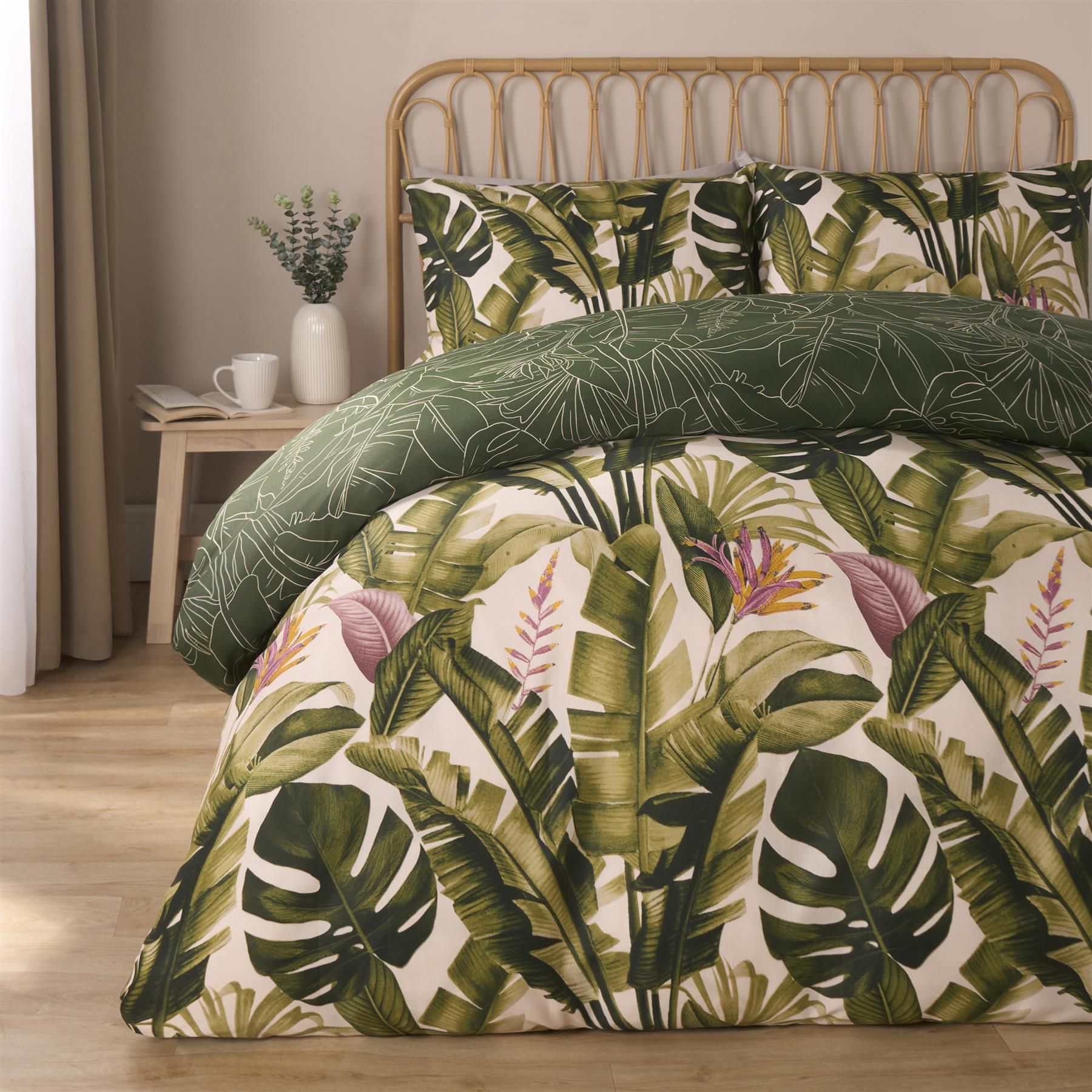 OHS Tropical Duvet Cover Set Leaves Reversible Soft Bedding Quilt in Green