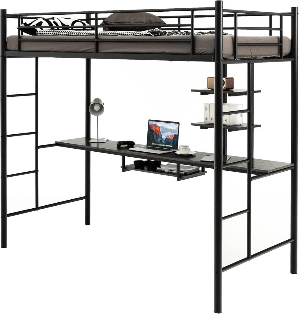 Costway 3.5FT Single Metal Loft Bed Frame High Sleeper Bunk Bed W/ Desk Storage Shelves in Black