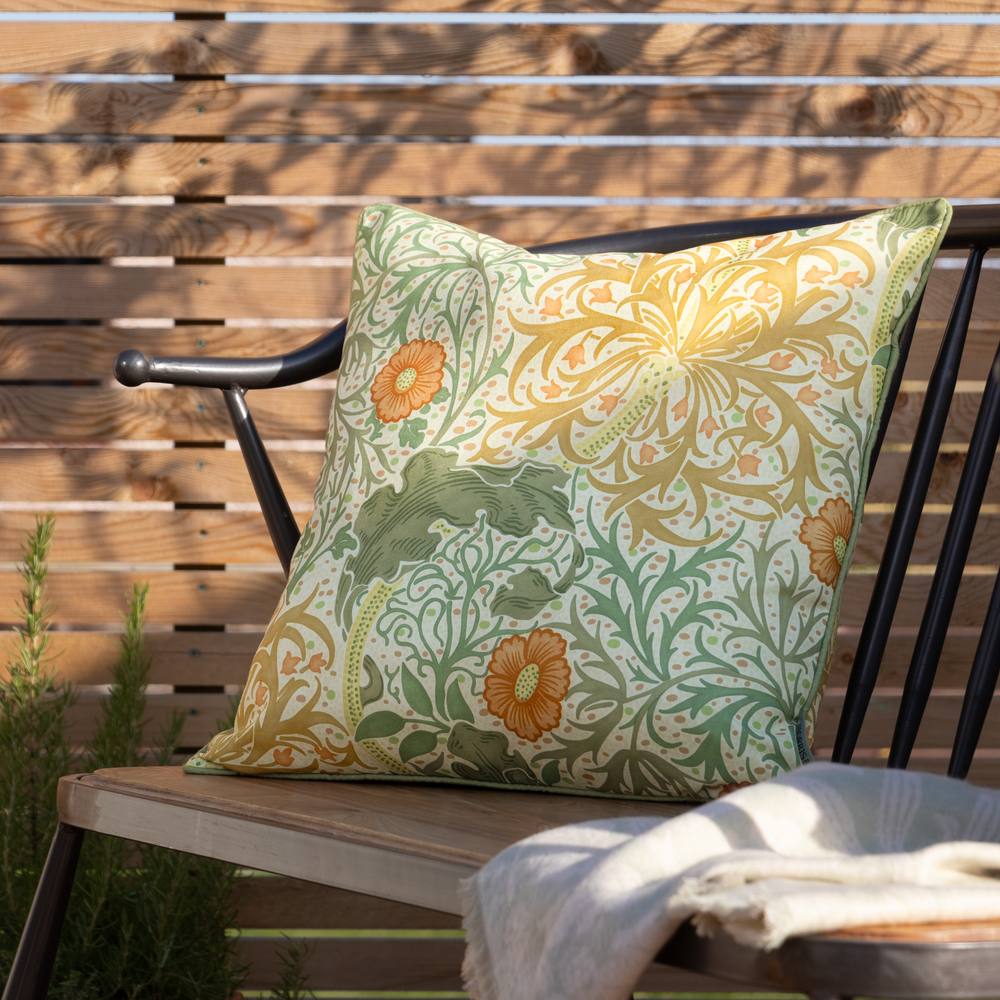 Morris & Co Seaweed Printed Piped Outdoor Cushion in Stone