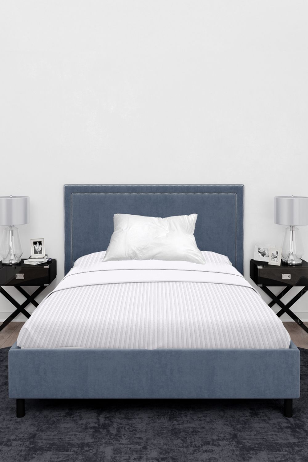 Neel Blue 300TC Cotton Fitted Sheet, White Satin Stripe, Single, 90cmx190cmx30cm