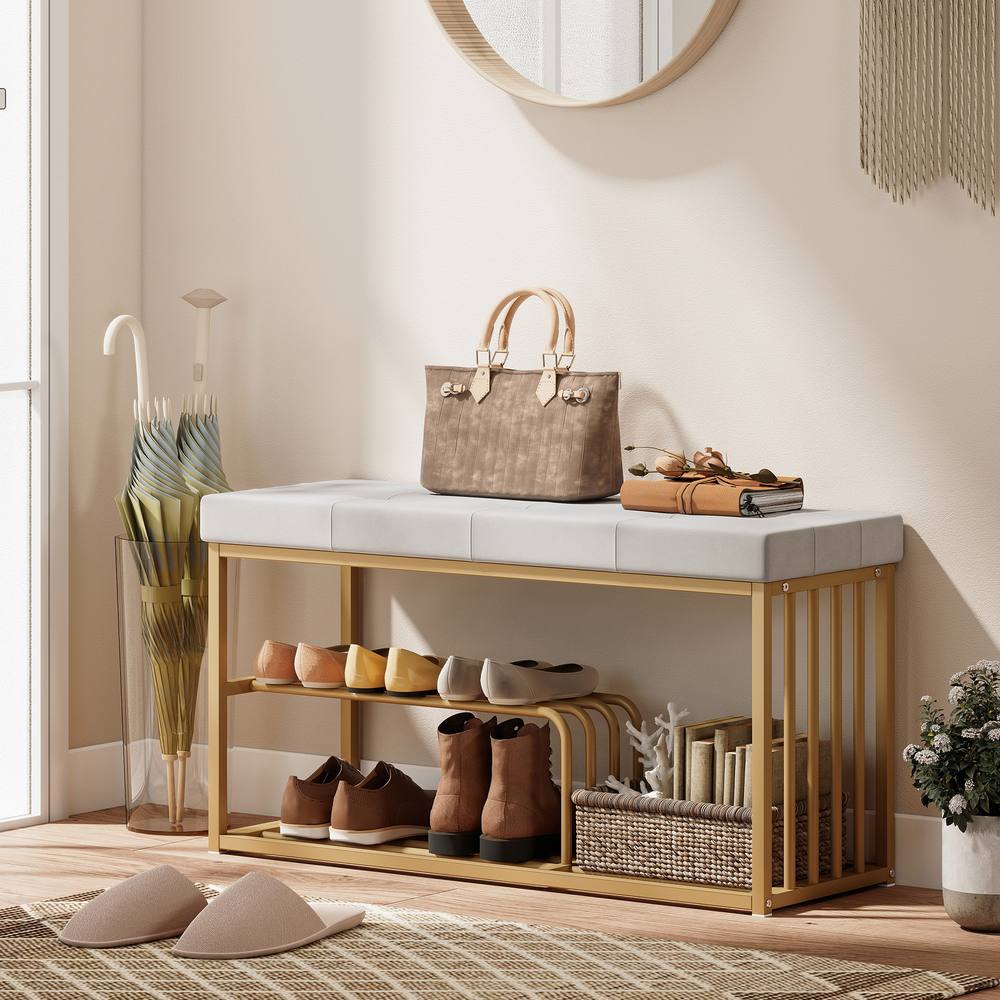HOMCOM Shoe Storage Bench with Seat Cushion Tufted Shoe Rack Bench in Grey
