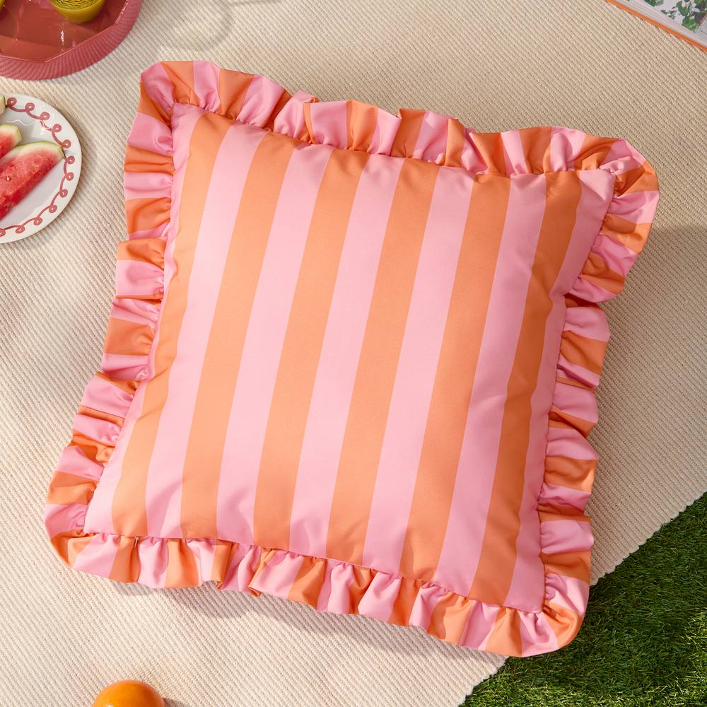 Furn Palm Royale Stripe Ruffle Printed Outdoor Cushion in Orange