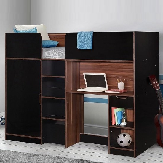 Camila Wooden High Sleeper Bed In Walnut And Black