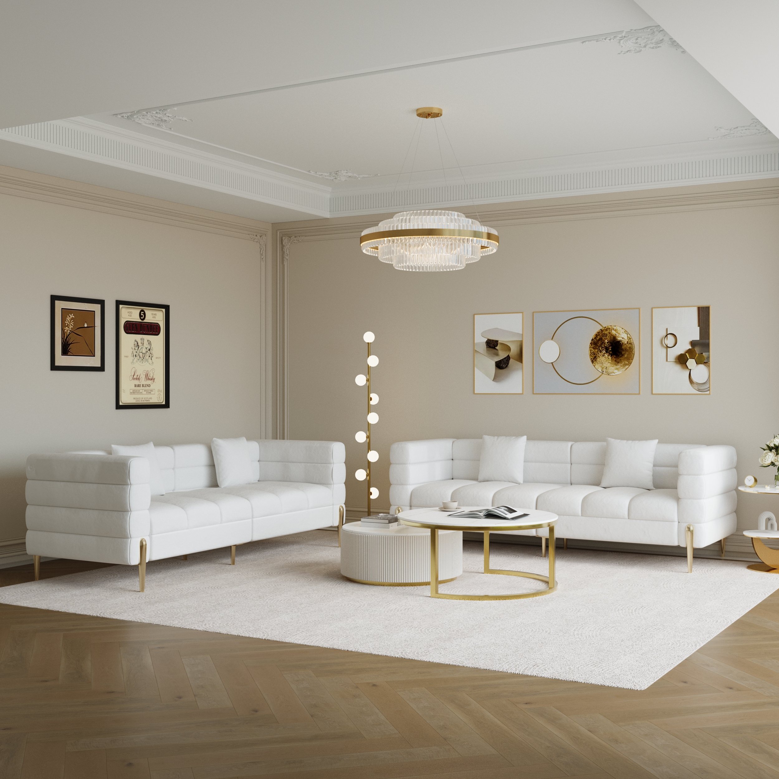 Axial 2000 mm Leather Fluted Sofa with Gold Legs & Pillows Set of 2