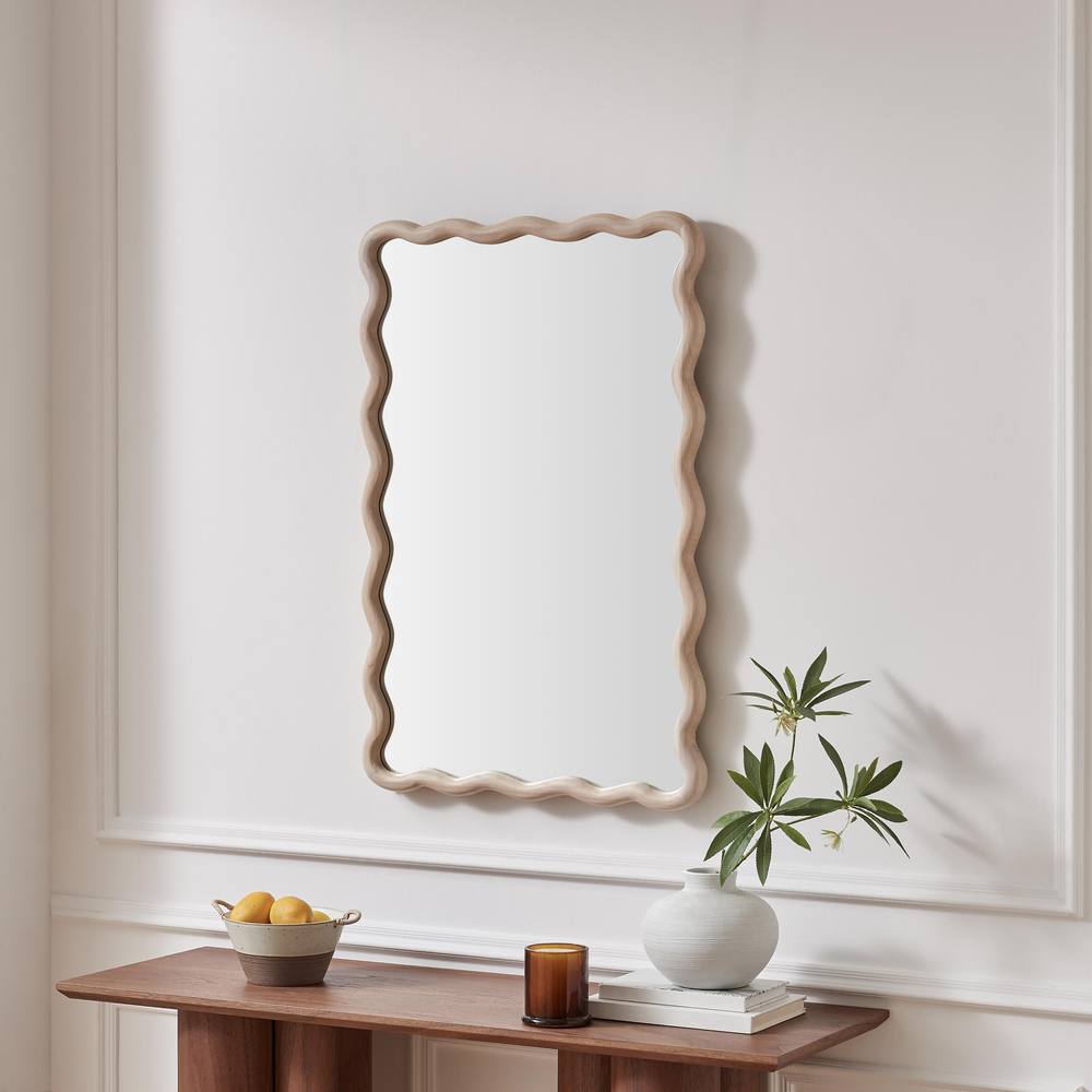 FurnitureboxUK Damaris Wood Medium 90x60cm Wavy Rectangle Wall Mirror in Light Brown
