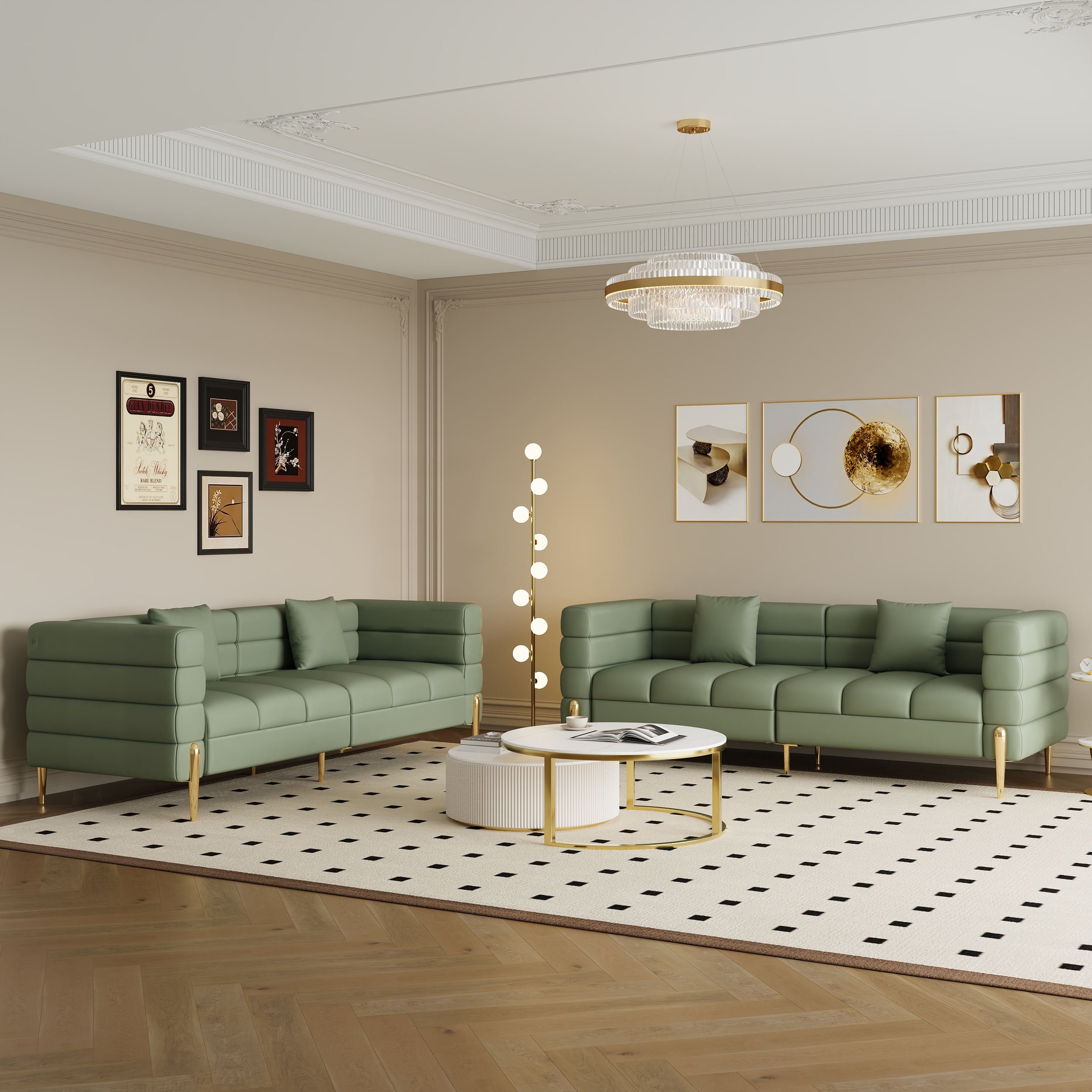 200 cm Modern Performance Leather Upholstered Fluted 3 Seater Sofa for Living Room with pillow Set of 2