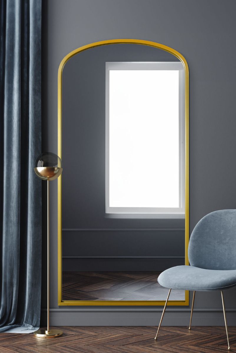MirrorOutlet Gold Metal Framed Arched Wall Leaner Mirror 67"x33" (170x85CM)
