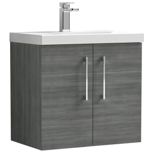 Nuie Anthracite Woodgrain Wall Hung 2 Door Vanity Unit & Basin - 579 x 610mm