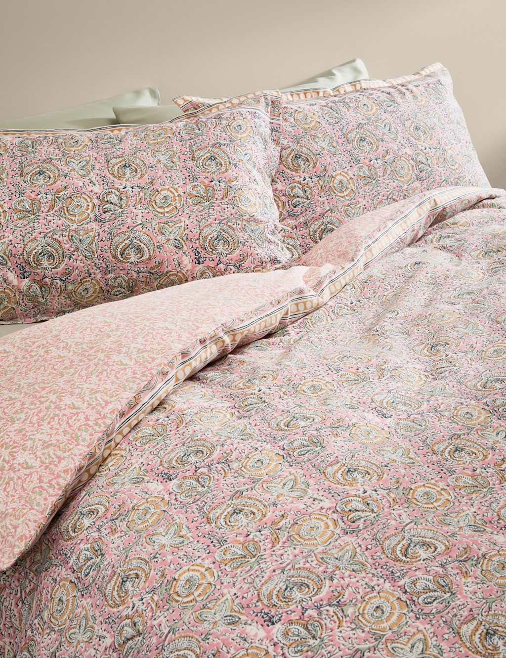 M&S Pure Cotton Woodblock Floral Bedding Set Pink Mix