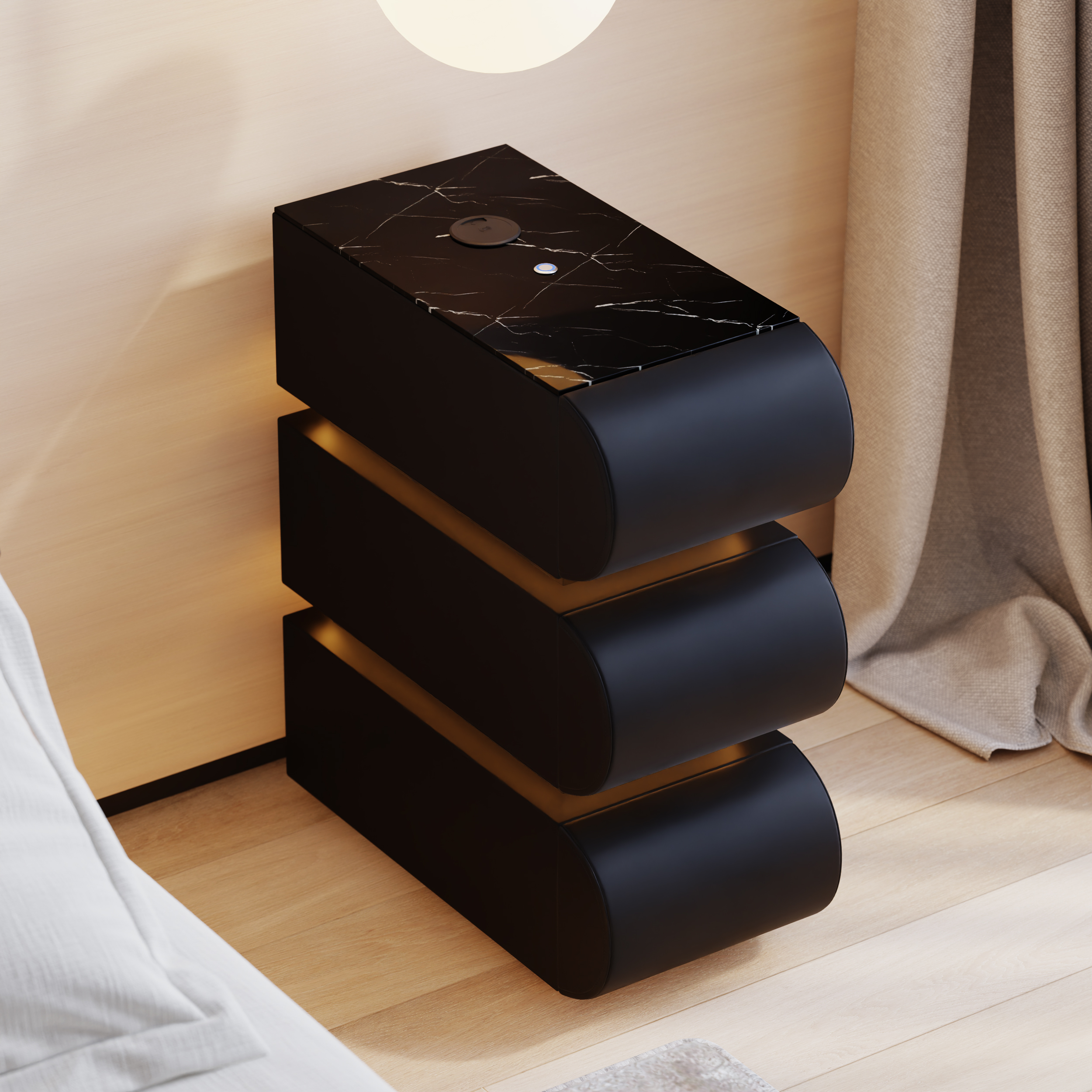 Narrow Humply Leather 3-Drawer Smart Nightstand with Sintered Stone Top Set of 2