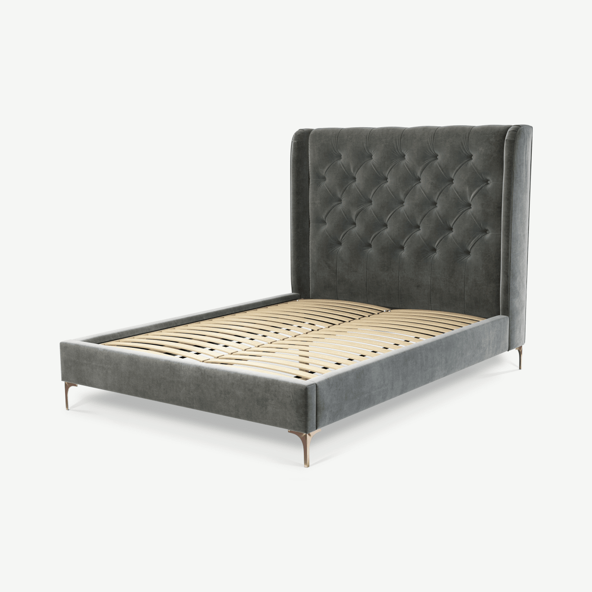 Romare Double Bed, Steel Grey Velvet with Copper Legs