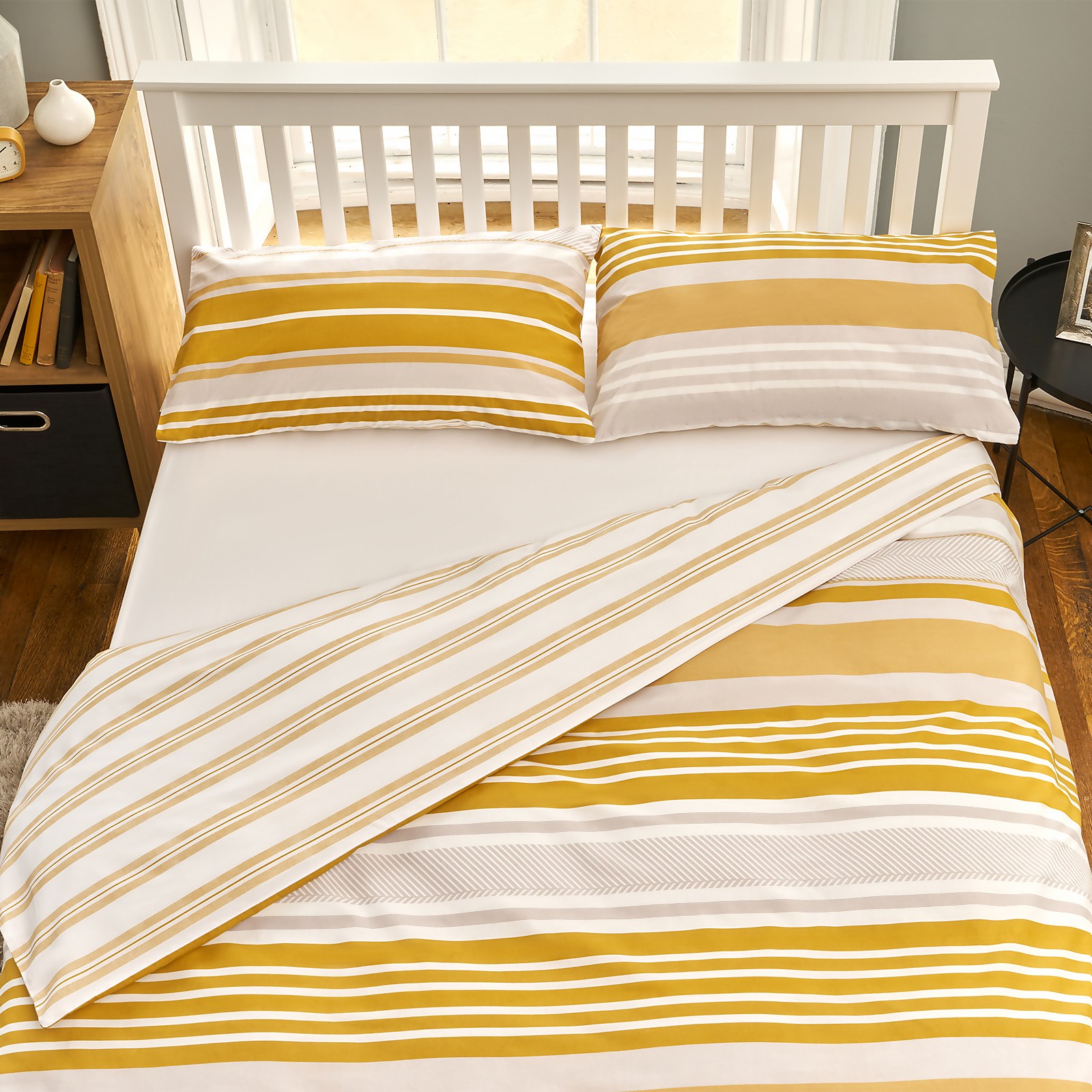 The Willow Manor Easy Care Percale Double Duvet Set Metro Stripe - Ochre