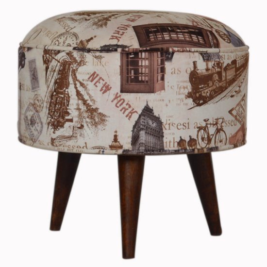 Aqua Velvet Nordic Style Footstool In City Printed And Walnut