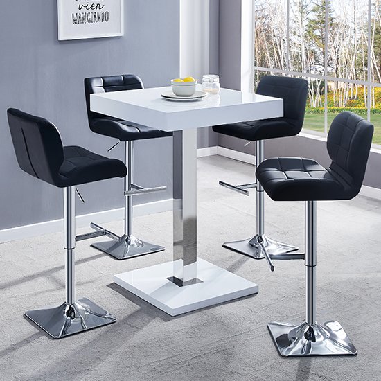 Topaz White Gloss Bar Table With 4 Candid Black Bar Stools