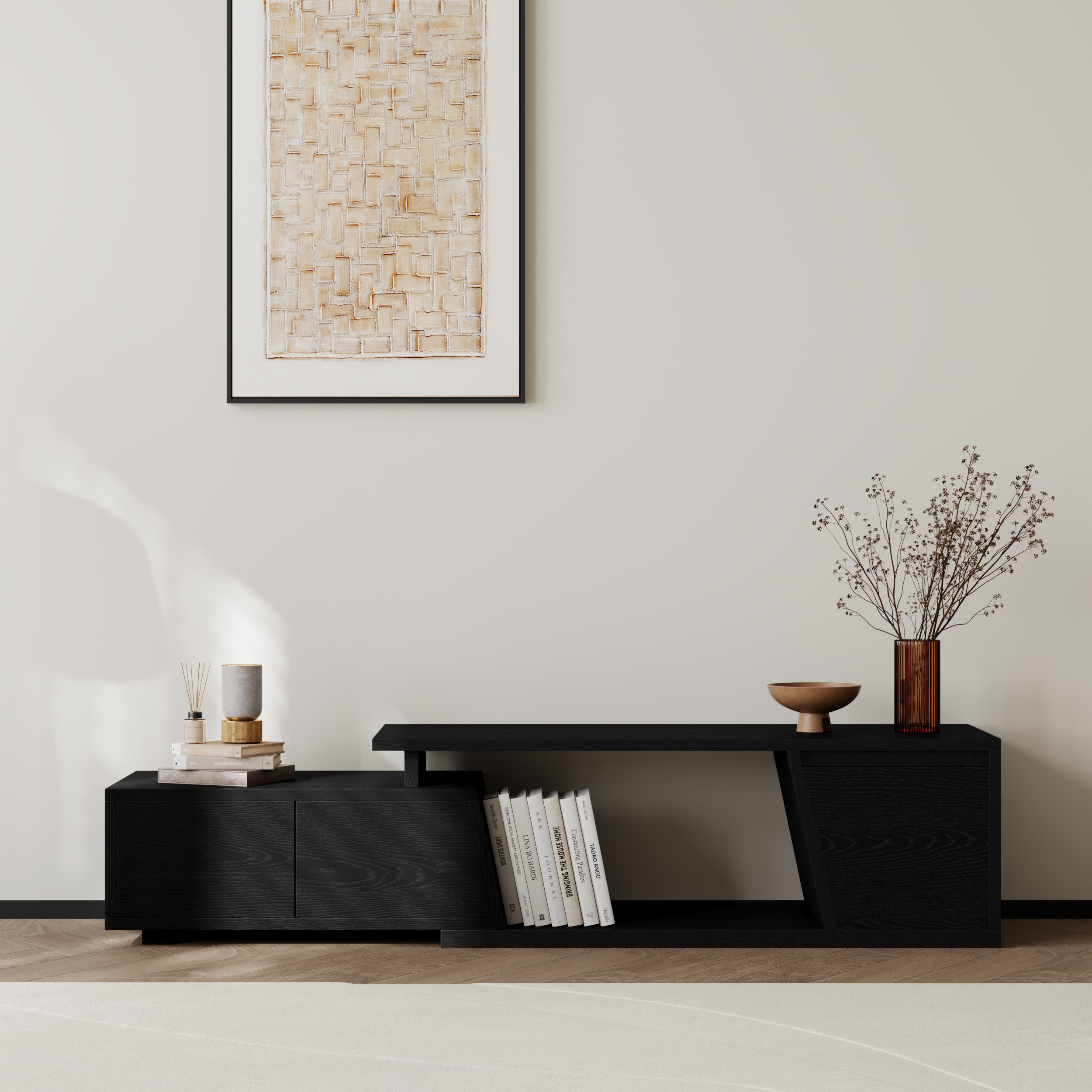 Fero Black Extendable TV Stand with 3 Drawers 1200 mm - 1800 mm
