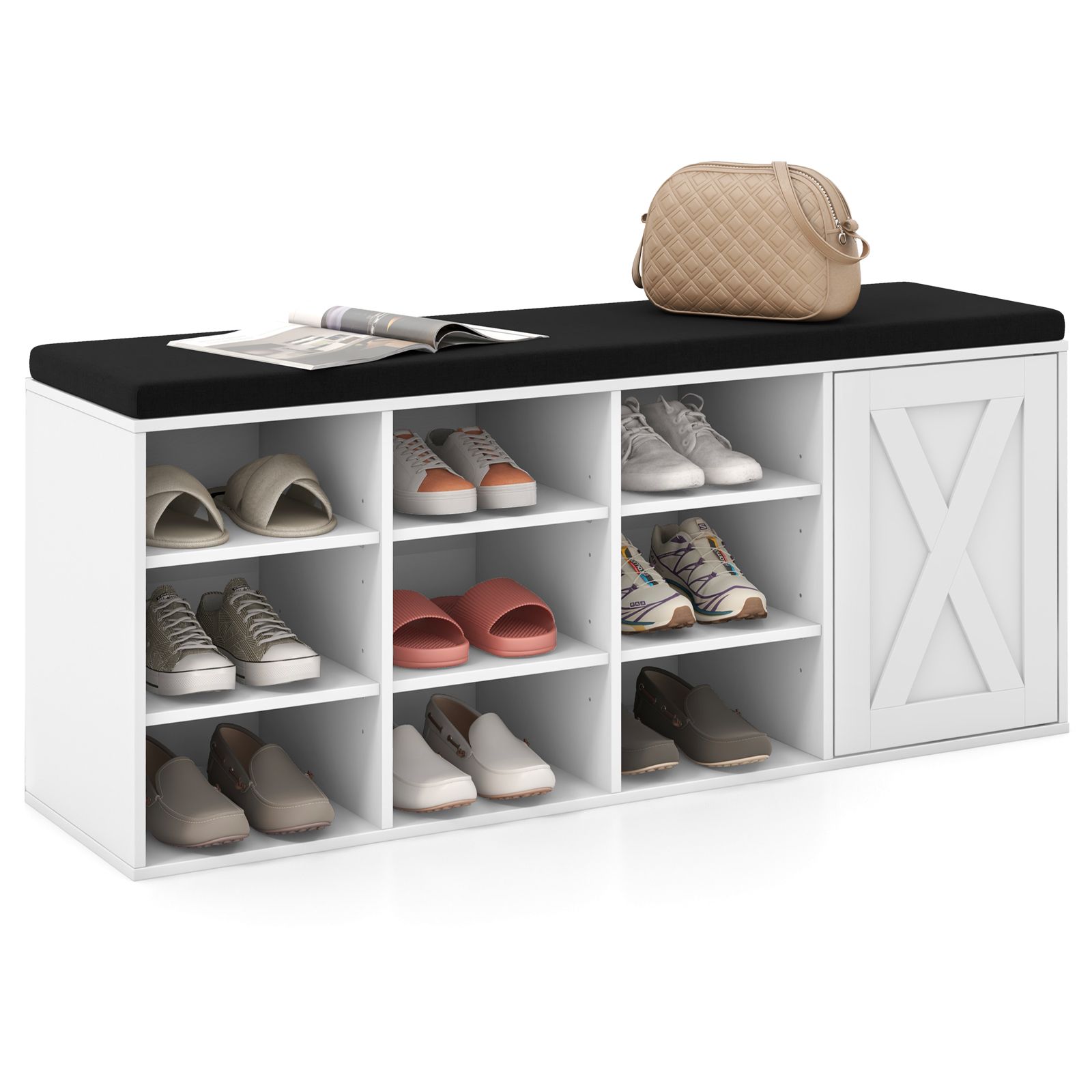 Costway Shoe Storage Bench 3-Tier Entryway Bench w/ Padded Cushion in White
