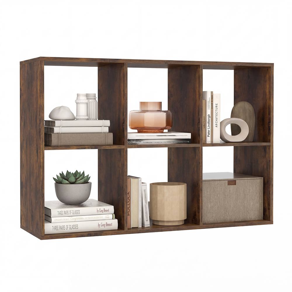 Costway 6-Cube Bookshelf Wooden Ladder Shelf Modern 2-Tier Open Display Shelf in Brown