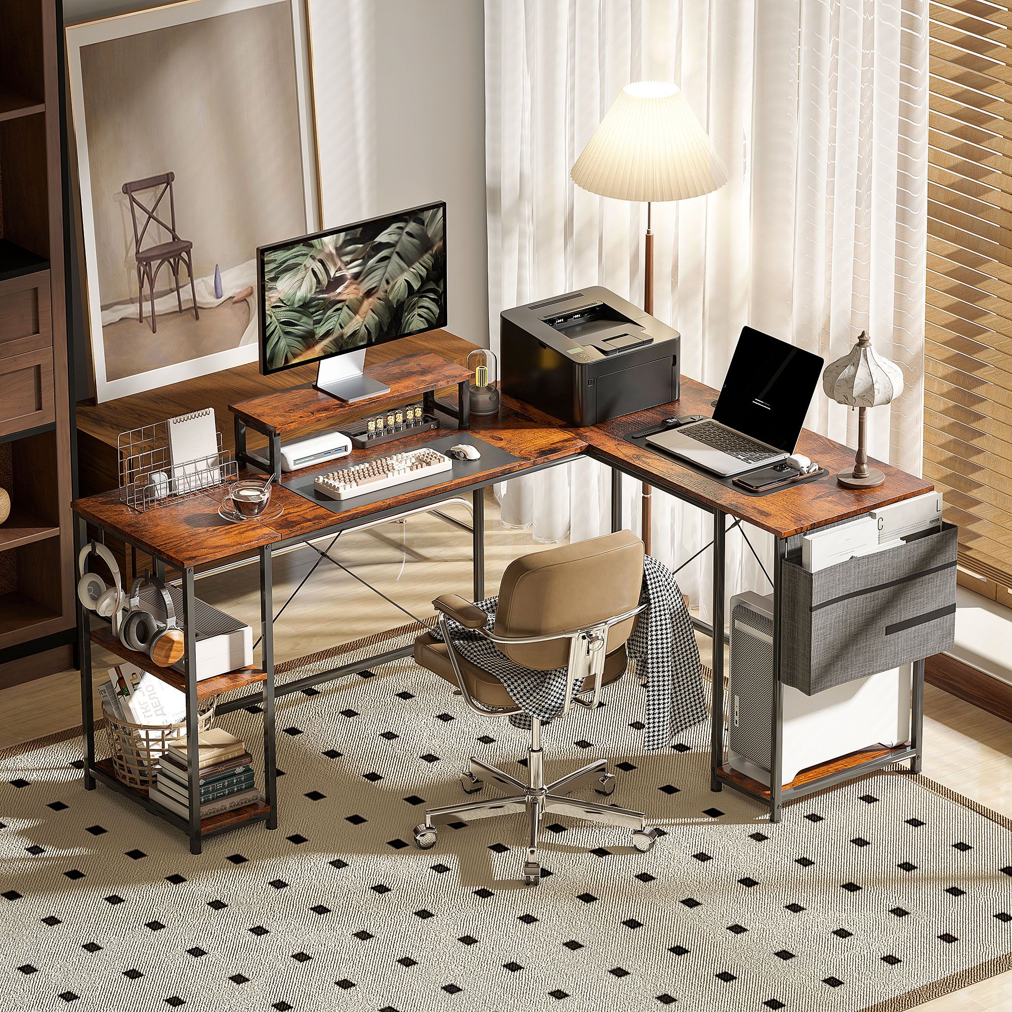 HOMCOM 168cm Reversible L Shaped Desk, 240cm Two Person Desk in Brown
