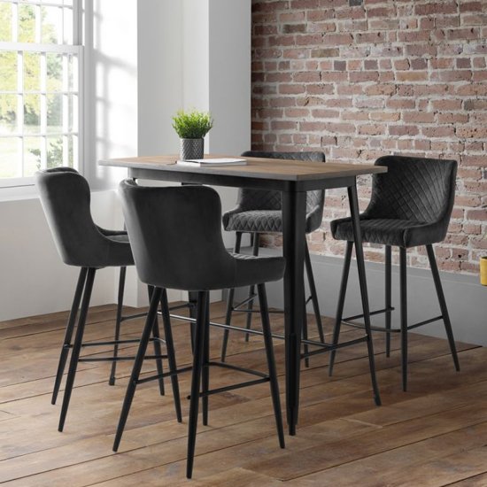 Grafton Wooden Bar Table In Mocha Elm With 4 Luxe Grey Bar Stools