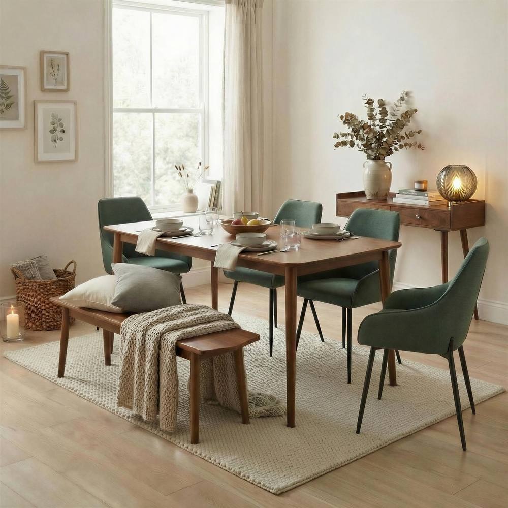FurnitureboxUK Lynton Large Walnut Effect Wood Dining Table & 4 Green Chairs & Bench