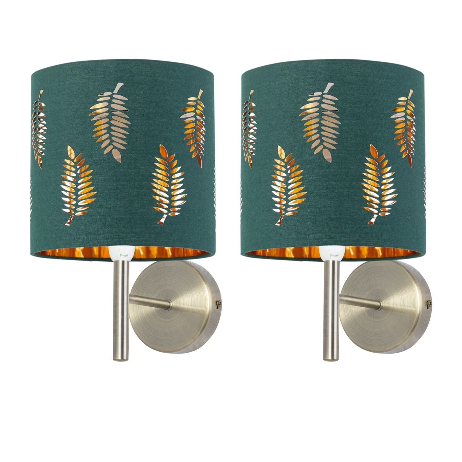 First Choice Lighting Set of 2 Brea - Antique Brass Wall Lights with Dark Green Fern Shades in Gold