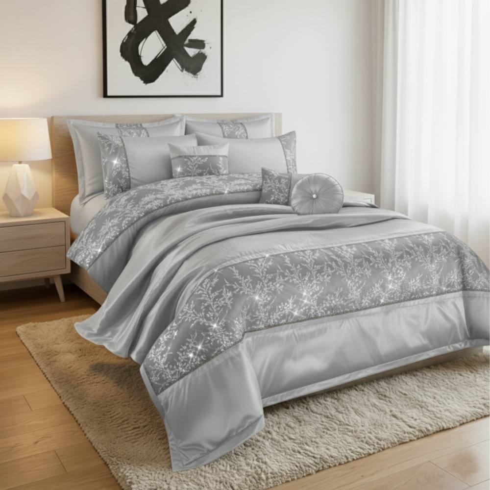 Snug City Embroidered Duvet Cover Set Luxury Bedding with Matching Accessories in Silver