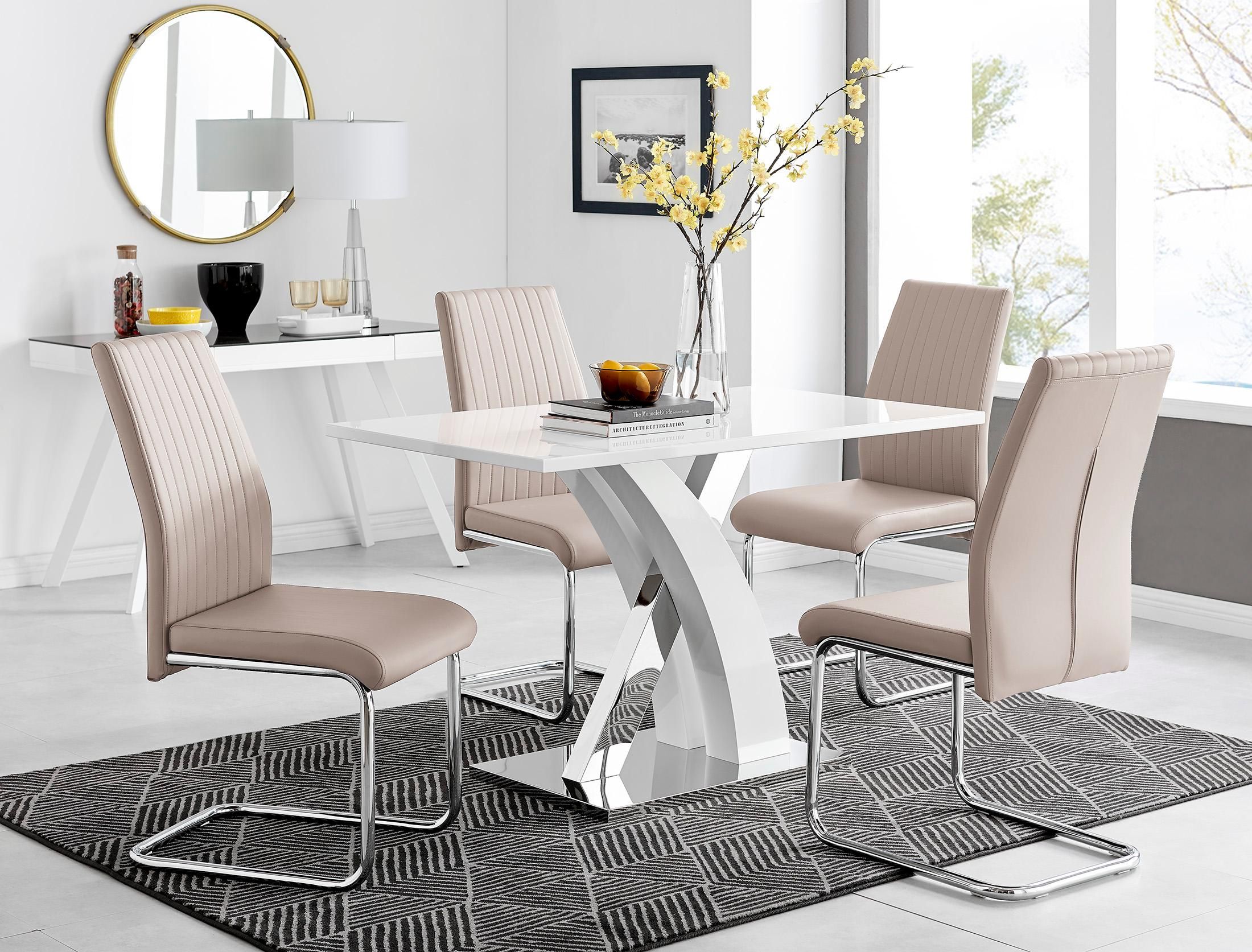 FurnitureboxUK Atlanta White High Gloss & Chrome 4 Seater Dining Table with X Shaped Legs & 4 Faux Leather Lorenzo Chairs in Beige