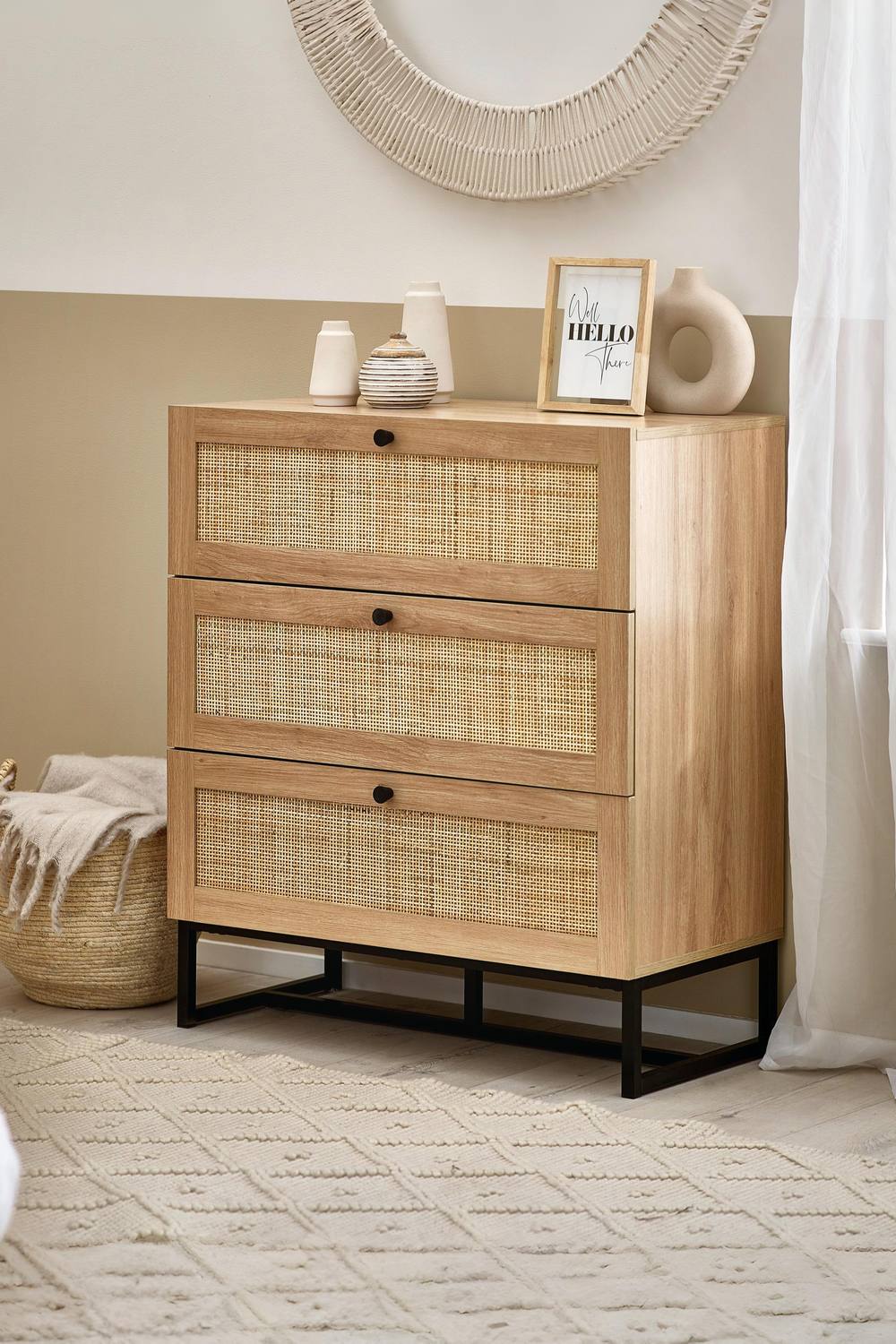 Julian Bowen Padstow Rattan 3 Drawer Chest in Light Oak