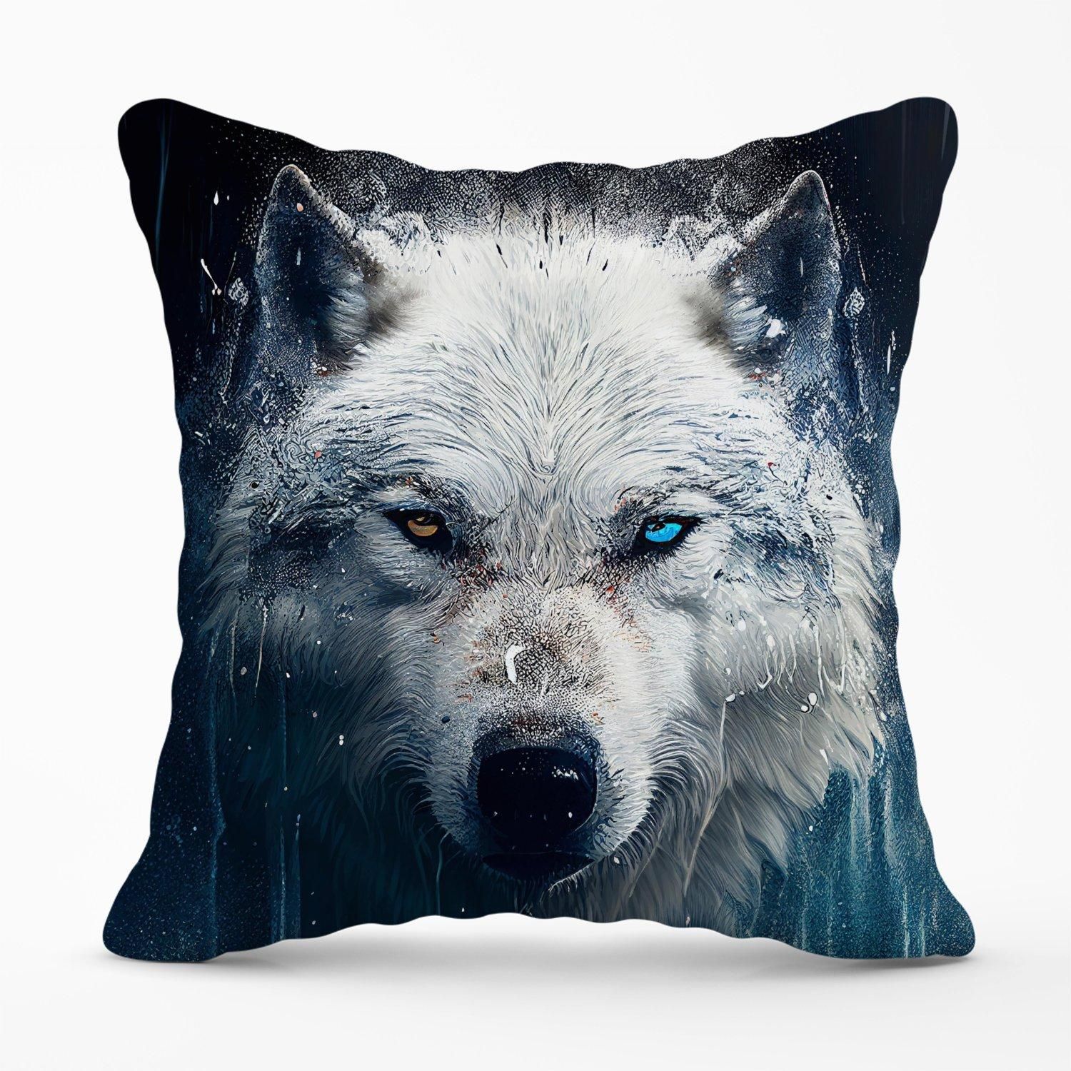 Warren Reed - Designer White Wolf Face Splashart Outdoor Cushion