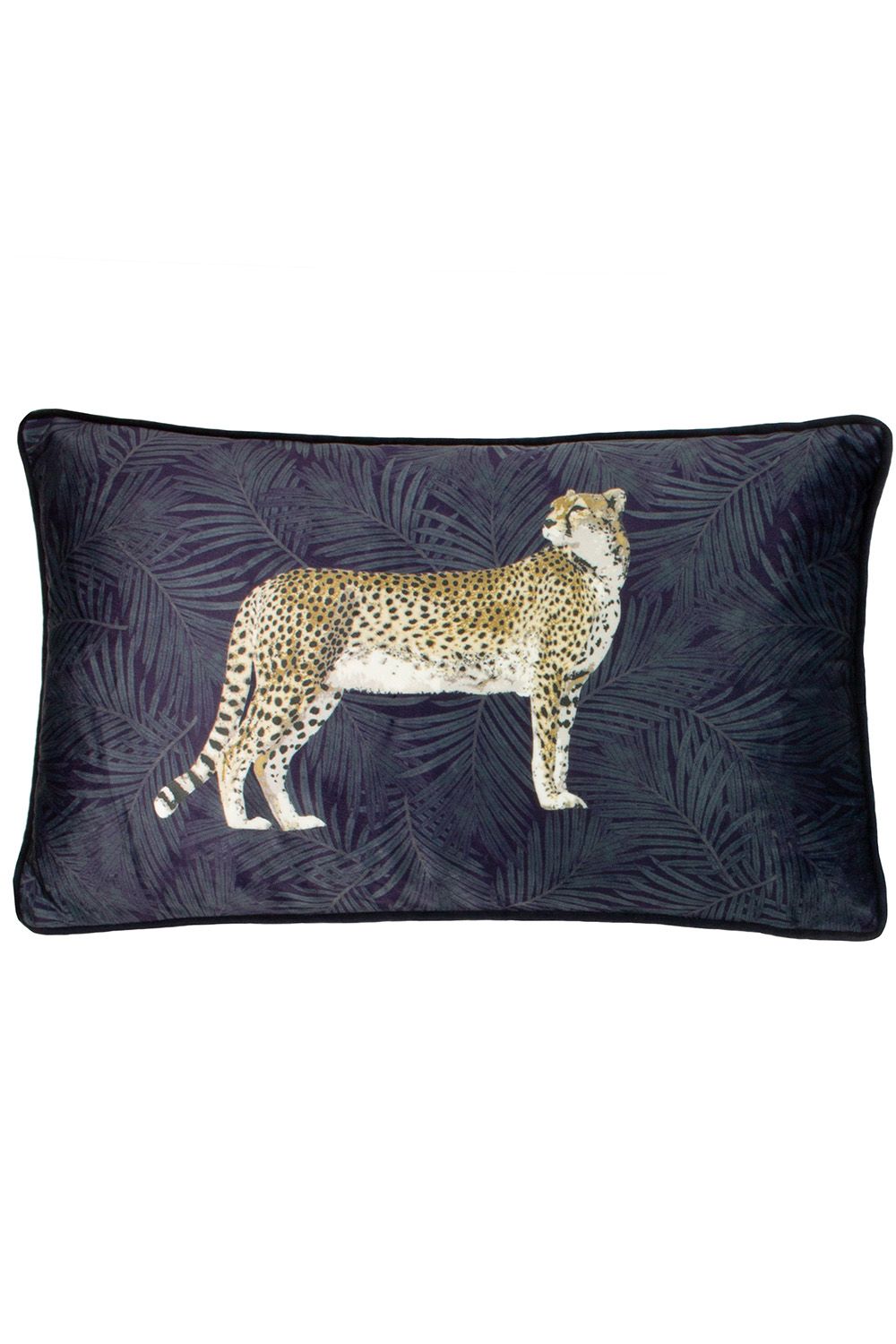 Paoletti Cheetah Forest Printed Velvet Piped Cushion in Navy