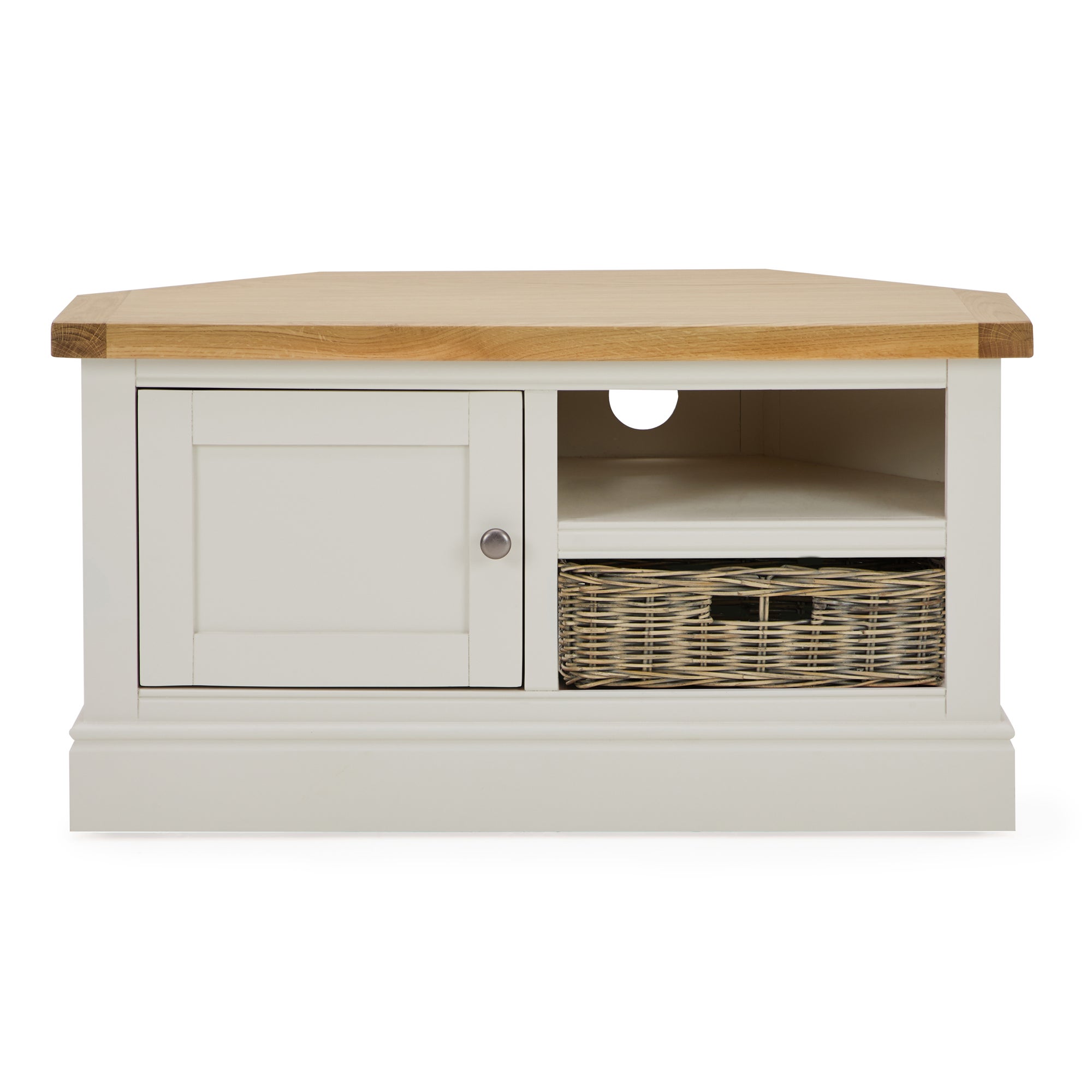 Compton Ivory Corner TV Stand with Baskets Cream