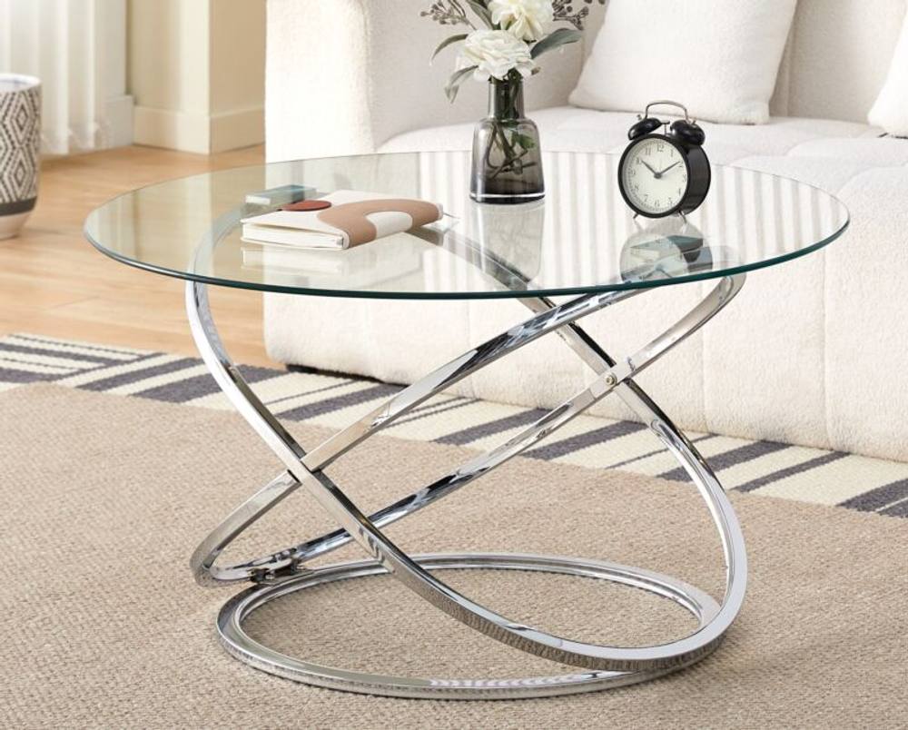 Comfy Living Ltd Round Abstract Tempered Glass Coffee Table Chrome Effect in Silver