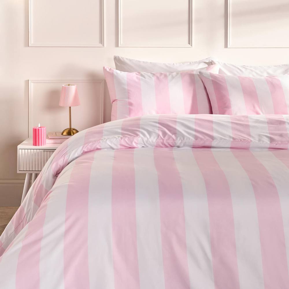 OHS Vertical Stripe Microfibre Bedding Duvet Cover Set with Pillowcase in Pink