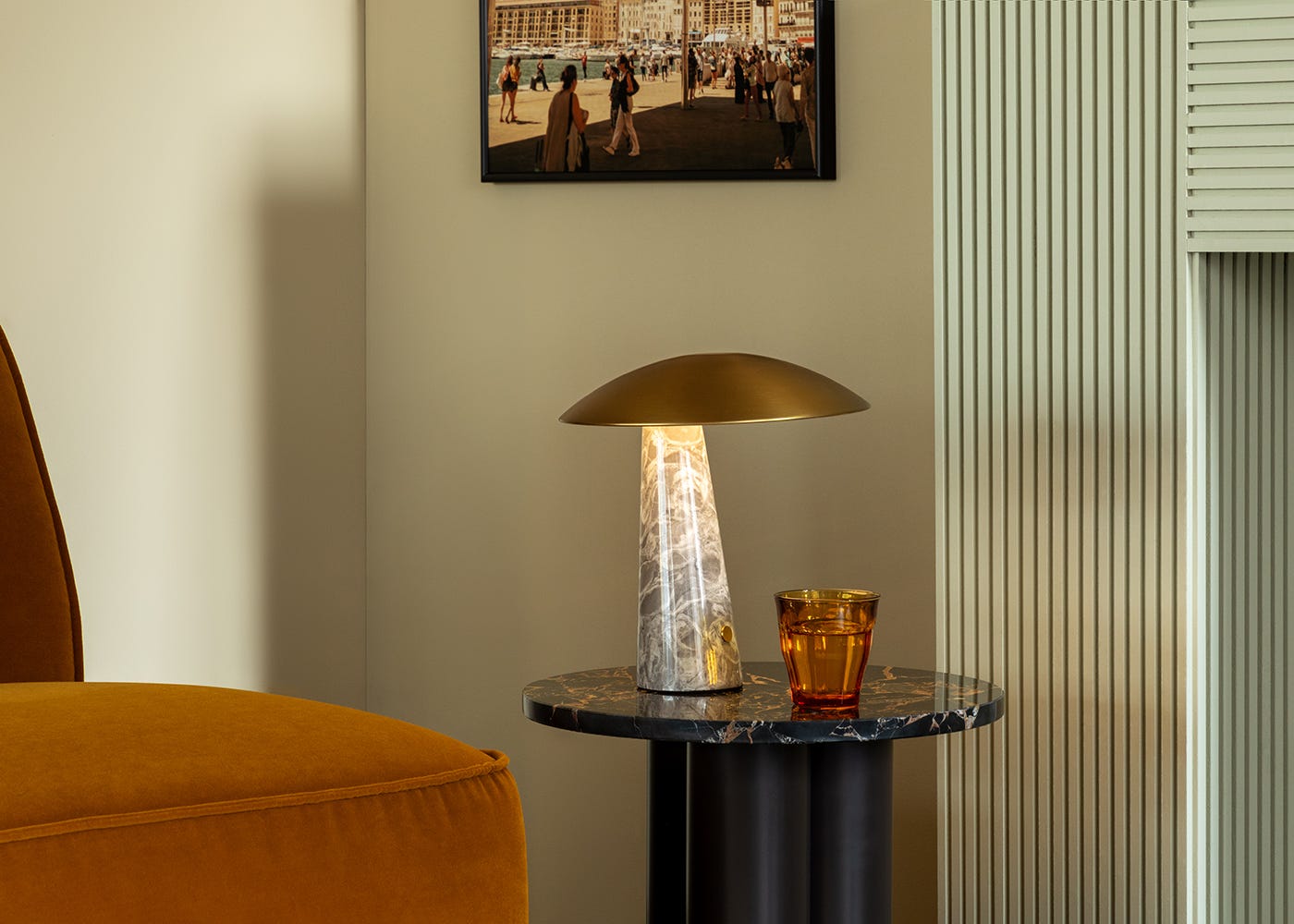 Heal's Abri LED Portable Table Lamp Chrome & White Volakas Marble 3