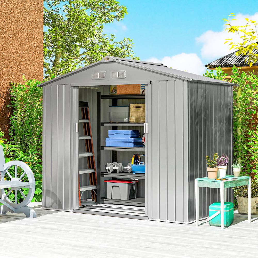 OUTSUNNY 7 x 4ft Garden Shed Storage w/ Foundation Kit, Vents, Light Grey