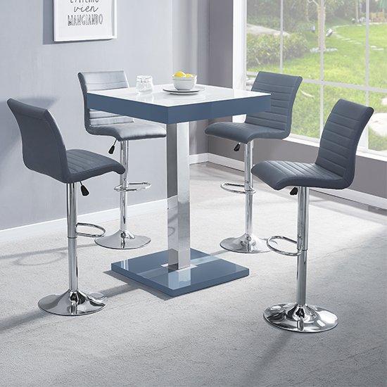 Topaz Grey White Glass Bar Table With 4 Ripple Grey Stools