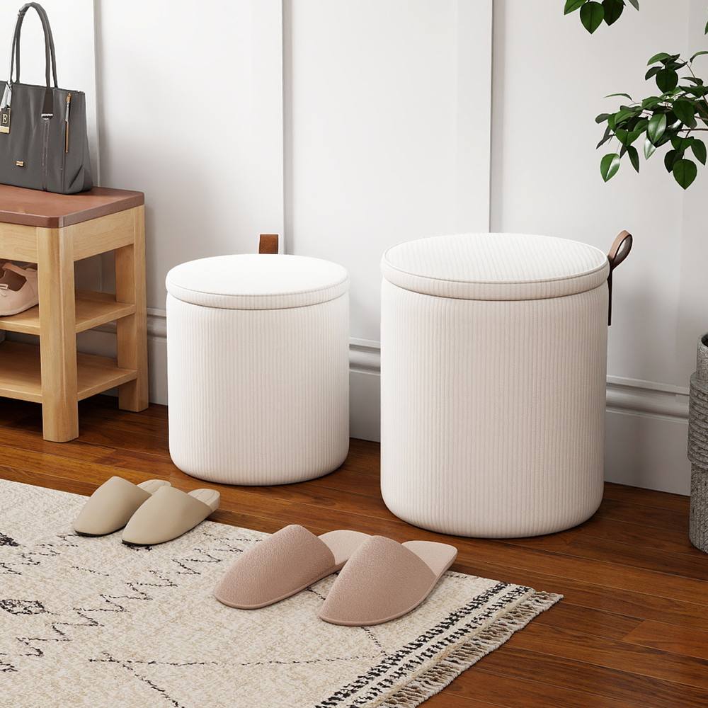 Costway 2PCS Modern Round Ottoman Upholstered Vanity Stools w/ Removable Lids in Beige