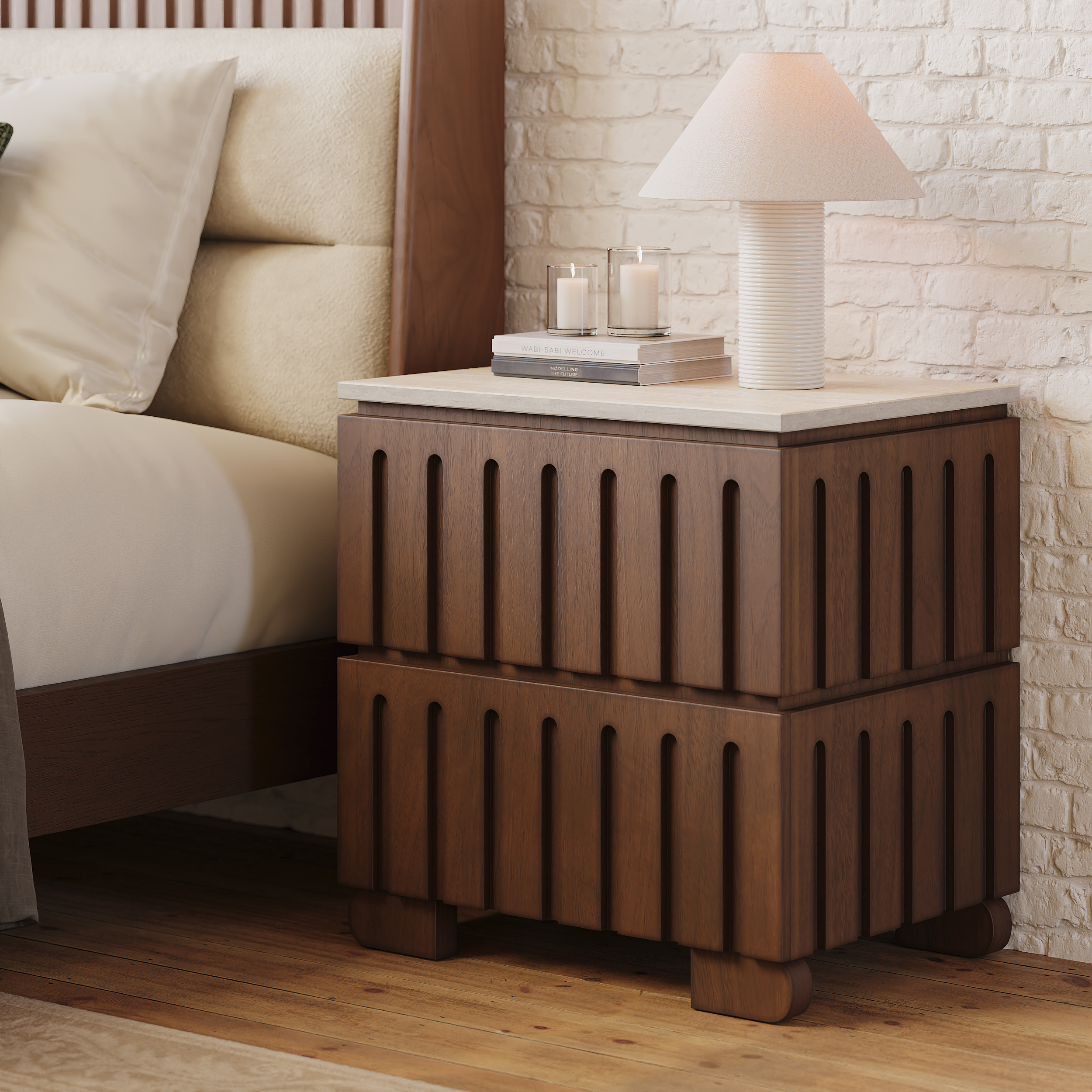Ash Wood 2-Drawer Bedside Table with Faux Travertine Top