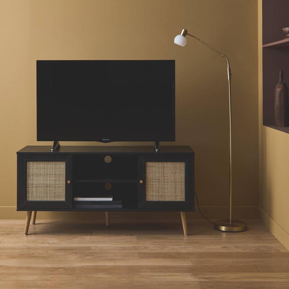 sweeek 120cm Tv Unit Wooden & Cane Effect 2 Doors in Black
