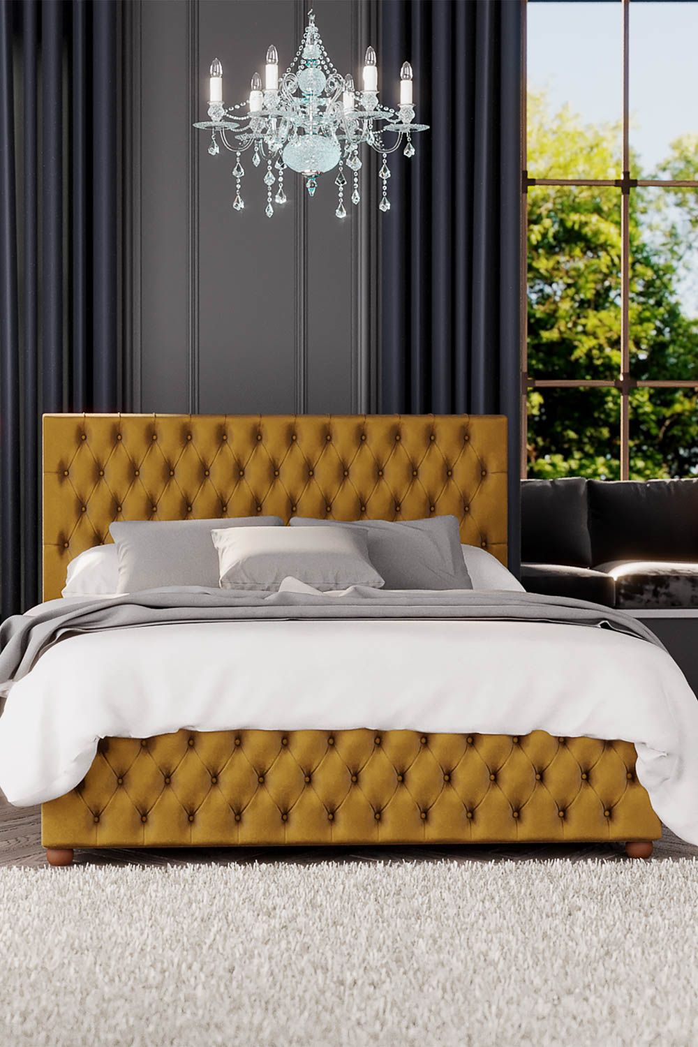 Laurence Llewelyn-Bowen Seren Ottoman Storage Bed in Plush Velvet Fabric, Custom Made in Mustard