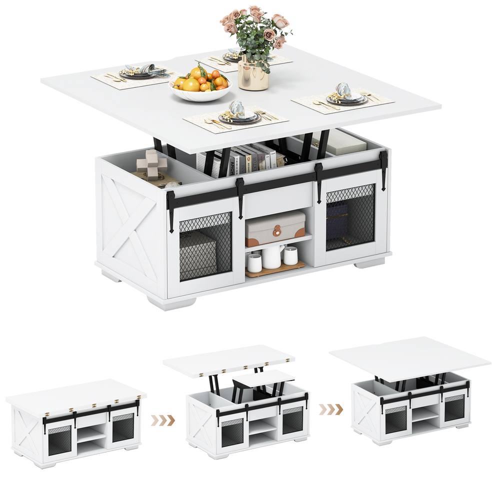 Costway Lift Top Coffee Table 3-in-1 Farmhouse Center Table w/ 2 Sliding Doors in White