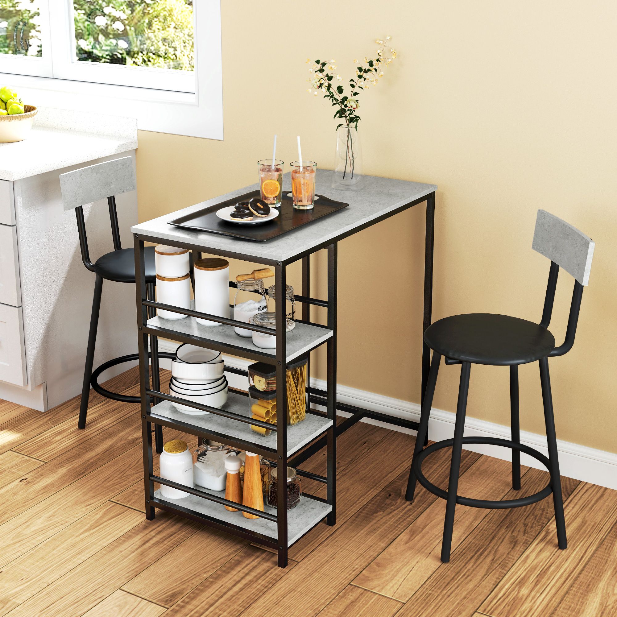 HOMCOM 3 Piece Breakfast Bar Table Set with Storage Shelves, Light Grey