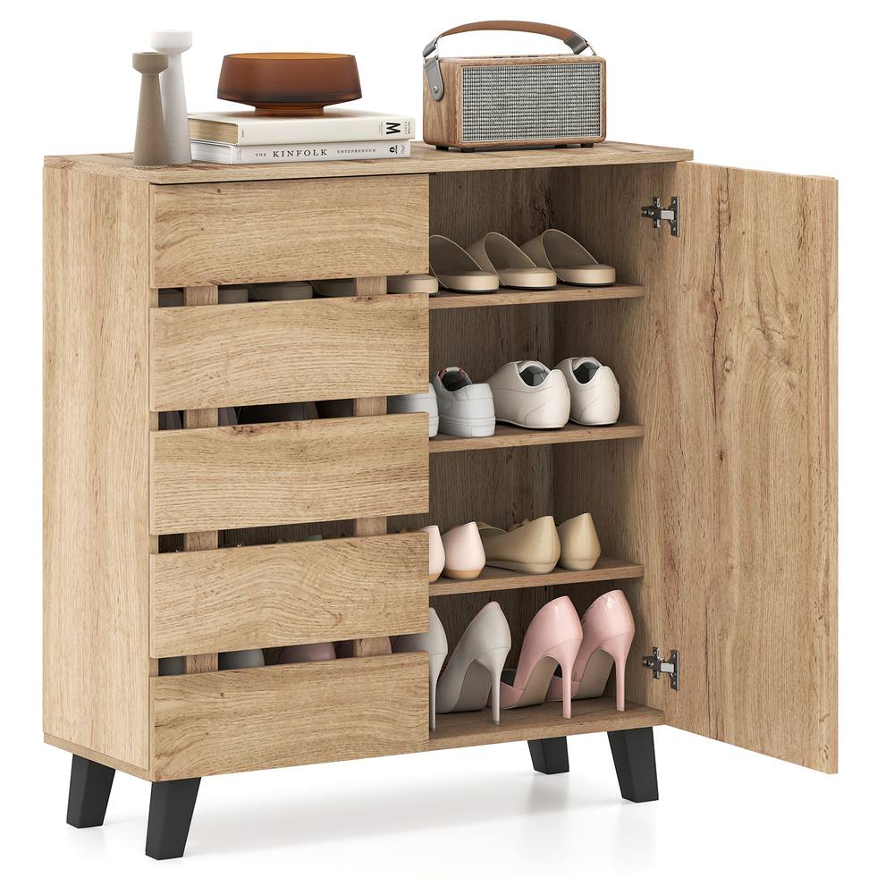 Costway 4-Tier Shoe Cabinet Wooden Shoe Storage Organizer w/Removable Shelves in Natural