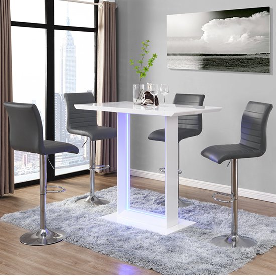 Atlantis LED White Gloss Bar Table And 4 Ripple Grey Stools