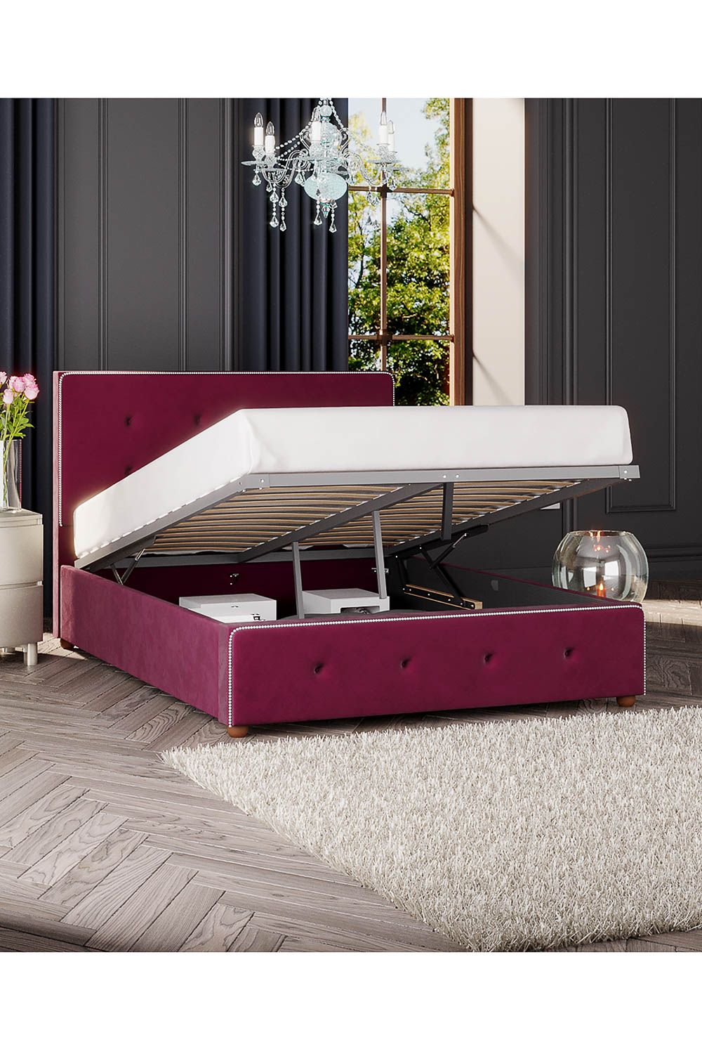 Laurence Llewelyn-Bowen Hesper Ottoman Storage Bed in Plush Velvet Fabric, Custom Made in Wine