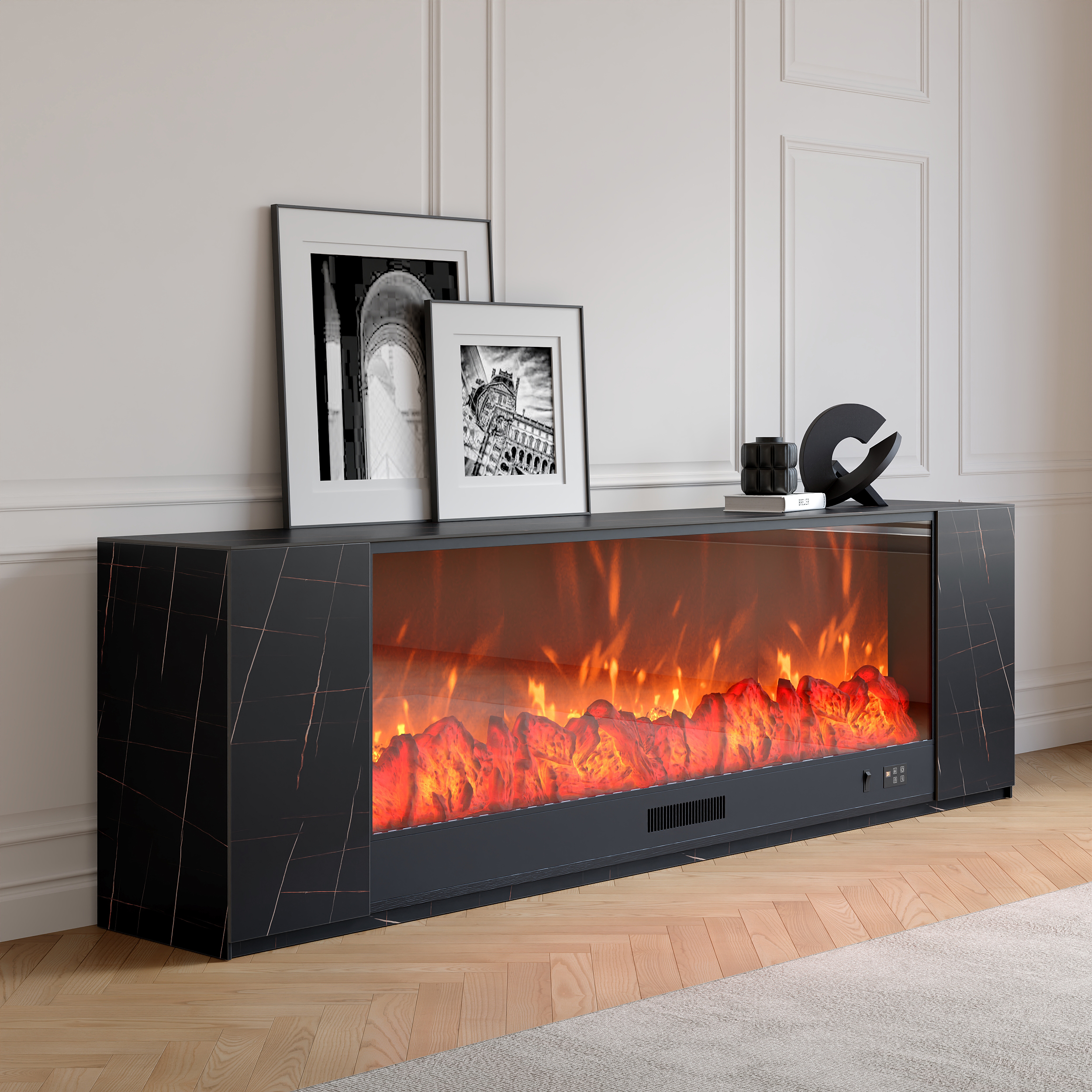 2200mm Modern Black Marble Veneer Sintered Stone Electric Fireplace TV Stand with Remote Control Temperature Adjustable