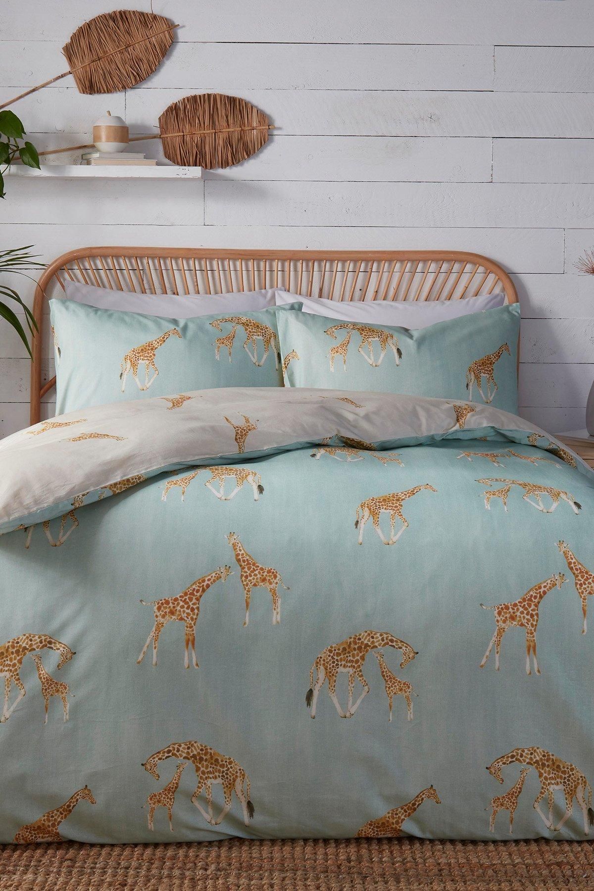 Fusion 'Milo Giraffe' Easy Care Reversible Duvet Cover Set in Duck Egg Blue