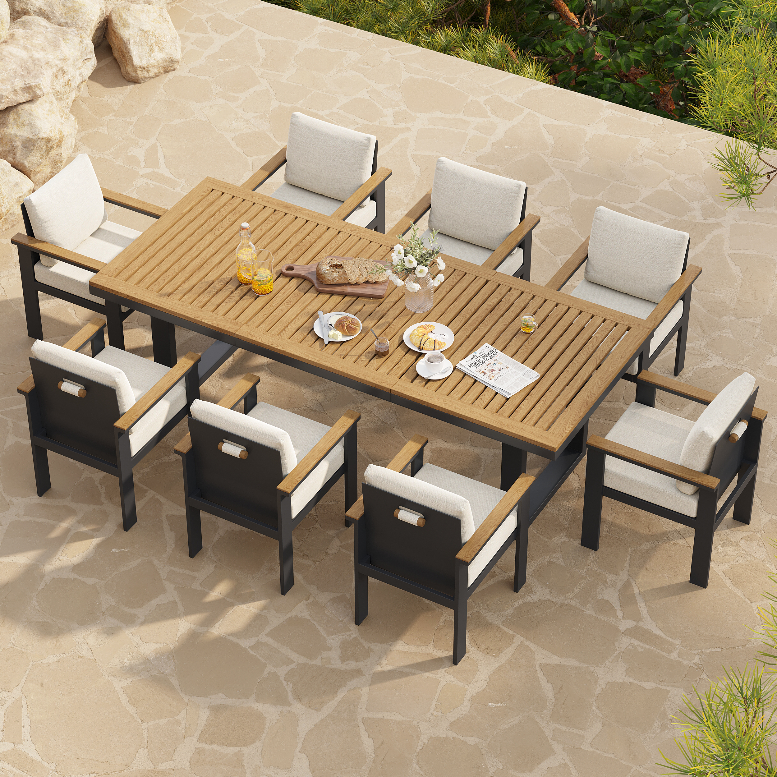 Rectangle Teak Wood & Aluminium Outdoor Patio Dining Table Modern Yard & Patio Furniture for 6 - 8 Person Teak & Aluminium Outdoor Dining Chair