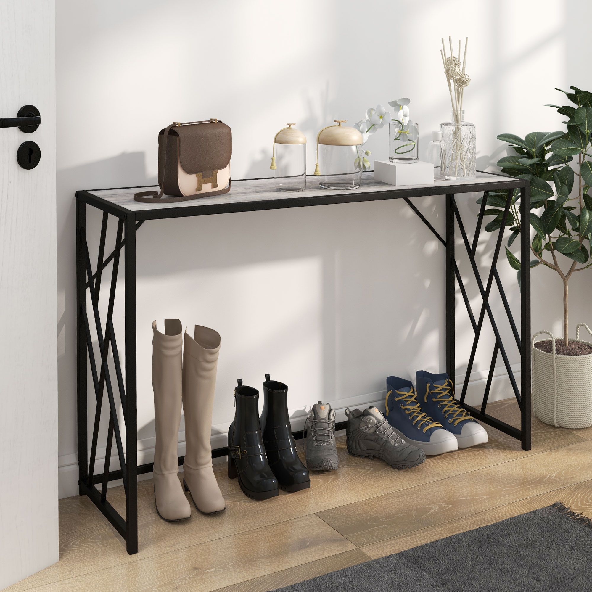 HOMCOM Industrial Console Table Couch Tables with Metal Frame in Grey