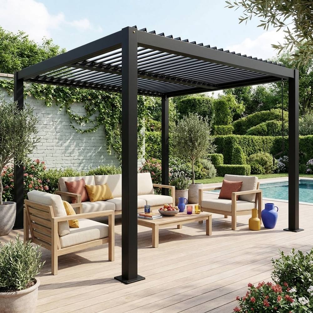 sweeek Louvered Pergola Aluminium & Steel 3 X 3m in Black